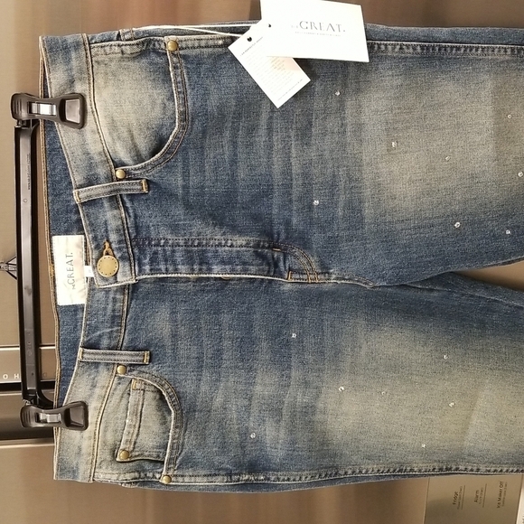 💕THE GREAT💕 The Fellow Jeans Drifter Wash with Rhinestones Button Fly 27 NWT - Picture 10 of 16